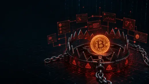 Bitcoin внутри цифровой ловушки с красными предупреждениями