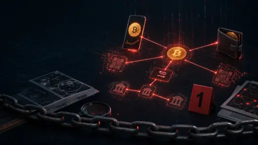 Схема расследования движения Bitcoin между кошельками и платёжными реквизитами