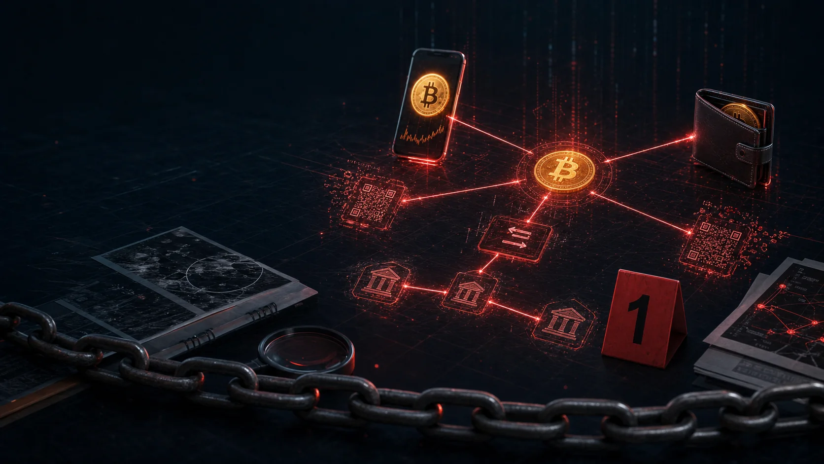 Схема расследования движения Bitcoin между кошельками и платёжными реквизитами
