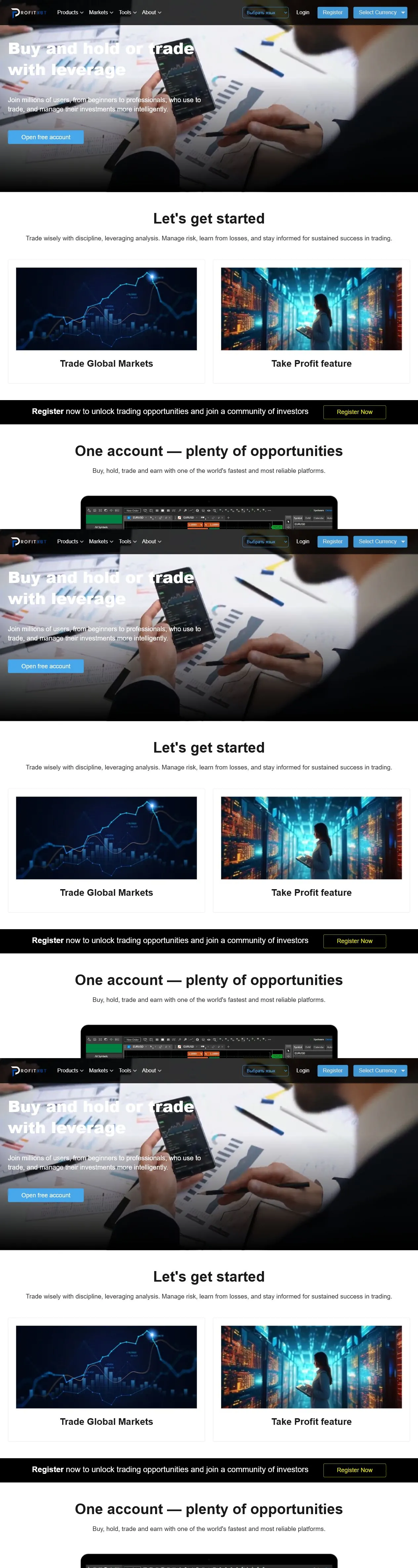 Снимок сайта Profitxbt с предложением торговли Forex и CFD