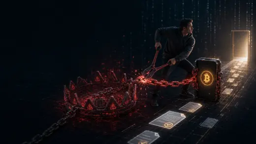 Человек разрывает цепь, связывающую его с мошенническим Bitcoin-кошельком